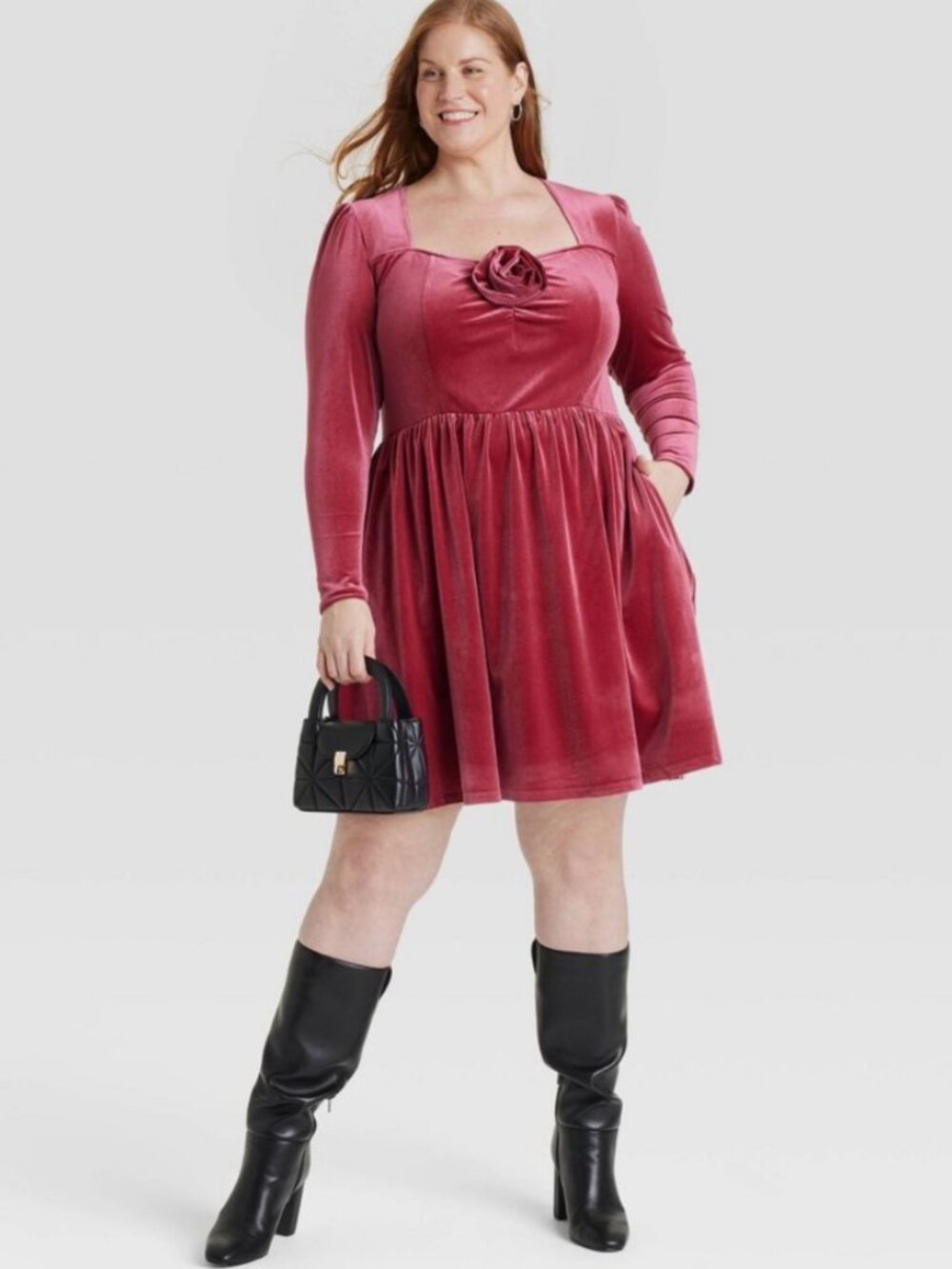Women's Holiday Long Sleeve Rosette Midi A-Line Dress - Ava & Viv Cherry Red 2X